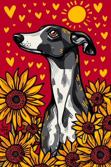 A Greyhound surrounded by sunflowers, with hearts in the background, in a clip art style with bold lines and bright colors. The artwork is designed for children's book illustrations, featuring vibrant red backgrounds and yellow accents to highlight the playful nature of Greyhound. It captures their cuteness through simple shapes and a cheerful atmosphere.