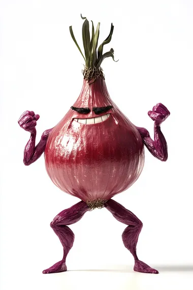 A red onion with bodybuilder-like arms and legs, rendered in the style of Pixar, against a white background.