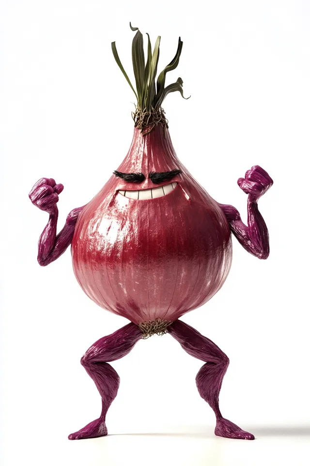 Red onion character with muscular arms and legs in Pixar style, white bg