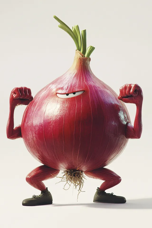 Red Onion Character with Bodybuilder Arms and Legs in Pixar Style