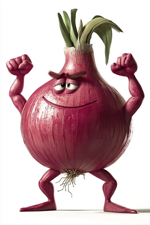 Red Onion Character with Bodybuilder Arms and Legs in Kitchen Setting