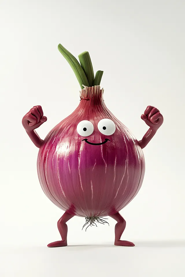 Red Onion Character with Bodybuilder Arms and Legs on White Background
