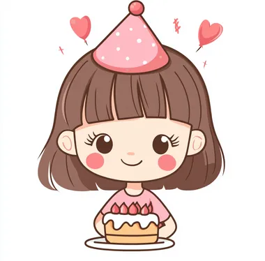 A cute little girl with short hair, wearing pink and red party hats on her head eating cake, simple vector illustration style, white background, Chinese New Year atmosphere, cartoon character design, cute doodle art. Flat illustration, simple lines, no shadows, sticker, cute drawing, chibi. The face is round, the eyes have big eyelashes, blush cheeks, cute smile, solid color background, simple strokes, high saturation, colorful. White border
