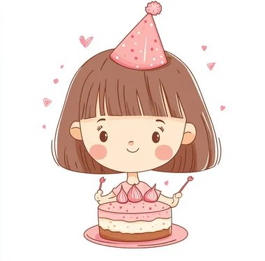 A cute little girl with short hair, wearing pink and red party hats on her head eating cake, simple vector illustration style, white background, Chinese New Year atmosphere, cartoon character design, cute doodle art. Flat illustration, simple lines, no shadows, sticker, cute drawing, chibi. The face is round, the eyes have big eyelashes, blush cheeks, cute smile, solid color background, simple strokes, high saturation, colorful. White border