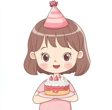 A cute little girl with short hair, wearing pink and red party hats on her head eating cake, simple vector illustration style, white background, Chinese New Year atmosphere, cartoon character design, cute doodle art. Flat illustration, simple lines, no shadows, sticker, cute drawing, chibi. The face is round, the eyes have big eyelashes, blush cheeks, cute smile, solid color background, simple strokes, high saturation, colorful. White border