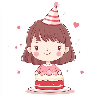 A cute little girl with short hair, wearing pink and red party hats on her head eating cake, simple vector illustration style, white background, Chinese New Year atmosphere, cartoon character design, cute doodle art. Flat illustration, simple lines, no shadows, sticker, cute drawing, chibi. The face is round, the eyes have big eyelashes, blush cheeks, cute smile, solid color background, simple strokes, high saturation, colorful. White border