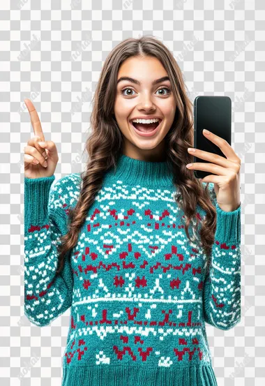25 year old woman in a turquoise christmas sweater happy and pointing up with a phone in hand, looking at camera, isolated over a white background