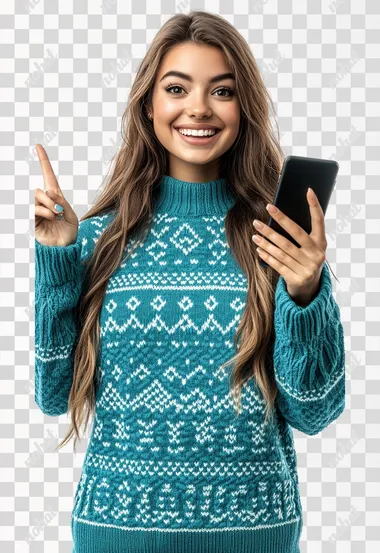 25 year old woman in a turquoise christmas sweater happy and pointing up with a phone in hand, looking at camera, isolated over a white background