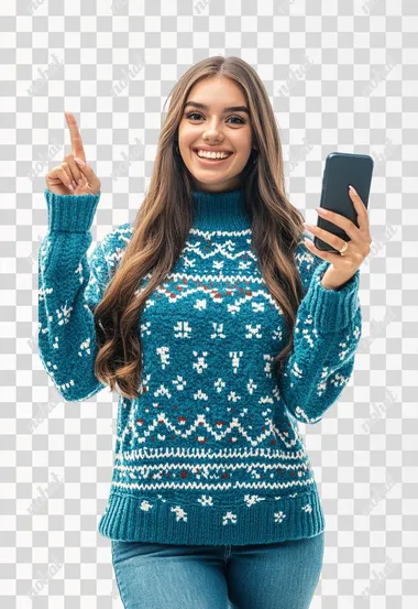25 year old woman in a turquoise christmas sweater happy and pointing up with a phone in hand, looking at camera, isolated over a white background