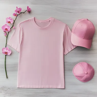 A pink t-shirt mockup sits on a light gray wooden surface with a pink cap on the right and a small pink orchid plant on the left to make a nice cinematic view for product branding, sharp details, in realistic style