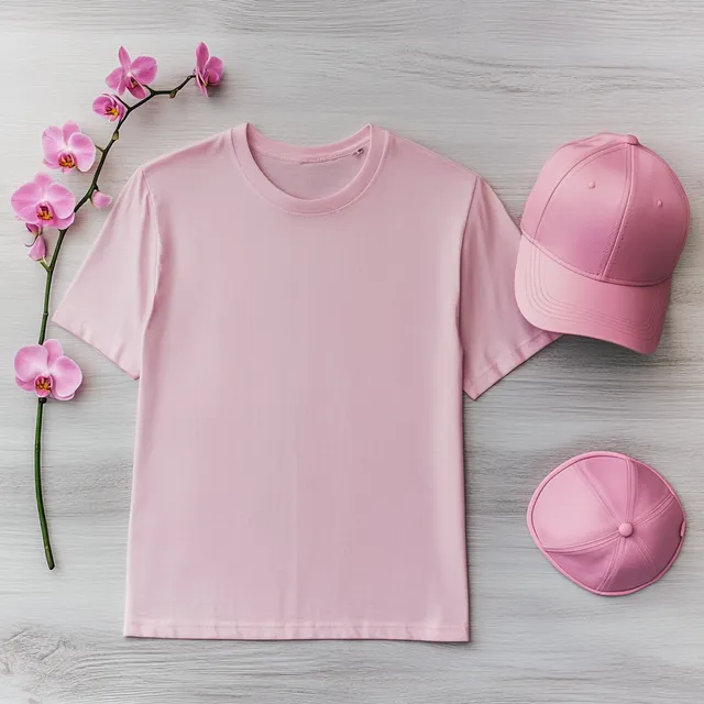 Pink T-shirt Mockup with Cap and Orchid on Light Gray Wood Surface
