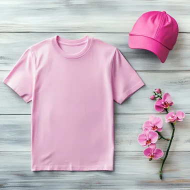 A pink t-shirt mockup sits on a light gray wooden surface with a pink cap on the right and a small pink orchid plant on the left to make a nice cinematic view for product branding, sharp details, in realistic style