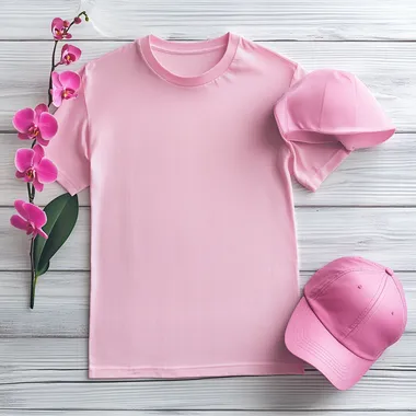 A pink t-shirt mockup sits on a light gray wooden surface with a pink cap on the right and a small pink orchid plant on the left to make a nice cinematic view for product branding, sharp details, in realistic style