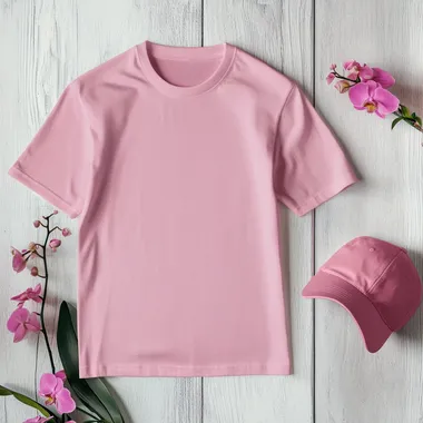 A pink t-shirt mockup sits on a light gray wooden surface with a pink cap on the right and a small pink orchid plant on the left to make a nice cinematic view for product branding, sharp details, in realistic style