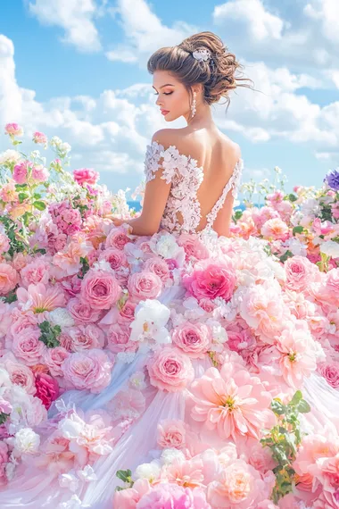 An elegant woman in a high-fashion pose, as if on the cover of Vogue. She wears a luxurious dress entirely made of beautiful, vibrant spring flowersetals flowing seamlessly, creating a voluminous yet delicate silhouette. The atmosphere is fresh and full of spring energy. Her pose is graceful and confident, with an expressive gaze. The background is solid and minimalistic to keep the focus on her. Soft yet accentuated lighting highlights the intricate details. A realistic style with a touch of magic, featuring bright and vivid colors    rofile irvh1ww