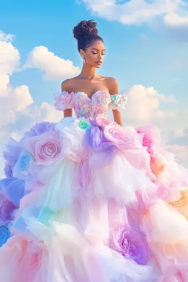 An elegant woman in a high-fashion pose, as if on the cover of Vogue. She wears a luxurious dress entirely made of beautiful, vibrant spring flowersetals flowing seamlessly, creating a voluminous yet delicate silhouette. The atmosphere is fresh and full of spring energy. Her pose is graceful and confident, with an expressive gaze. The background is solid and minimalistic to keep the focus on her. Soft yet accentuated lighting highlights the intricate details. A realistic style with a touch of magic, featuring bright and vivid colors    rofile irvh1ww