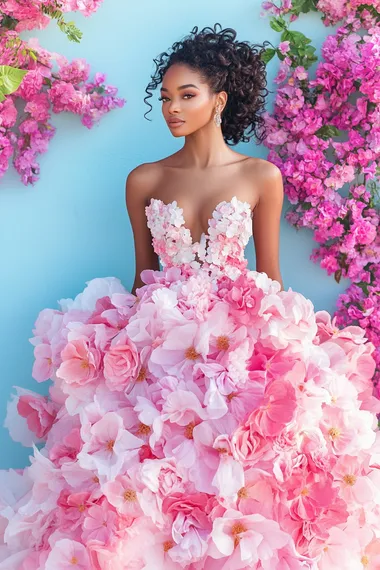 An elegant woman in a high-fashion pose, as if on the cover of Vogue. She wears a luxurious dress entirely made of beautiful, vibrant spring flowersetals flowing seamlessly, creating a voluminous yet delicate silhouette. The atmosphere is fresh and full of spring energy. Her pose is graceful and confident, with an expressive gaze. The background is solid and minimalistic to keep the focus on her. Soft yet accentuated lighting highlights the intricate details. A realistic style with a touch of magic, featuring bright and vivid colors    rofile irvh1ww