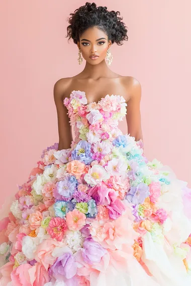 An elegant woman in a high-fashion pose, as if on the cover of Vogue. She wears a luxurious dress entirely made of beautiful, vibrant spring flowersetals flowing seamlessly, creating a voluminous yet delicate silhouette. The atmosphere is fresh and full of spring energy. Her pose is graceful and confident, with an expressive gaze. The background is solid and minimalistic to keep the focus on her. Soft yet accentuated lighting highlights the intricate details. A realistic style with a touch of magic, featuring bright and vivid colors    rofile irvh1ww
