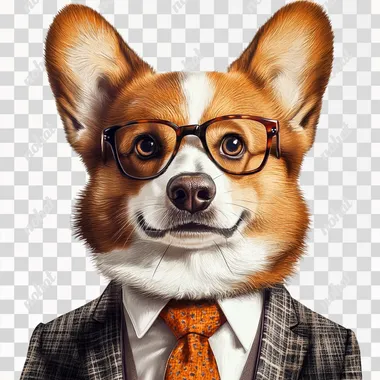 funny corgi, in tie and glasses, full-length, realistic photo on white background