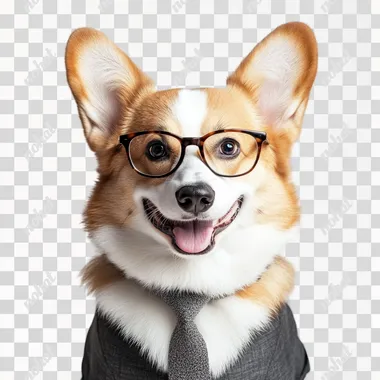 funny corgi, in tie and glasses, full-length, realistic photo on white background
