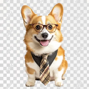 funny corgi, in tie and glasses, full-length, realistic photo on white background