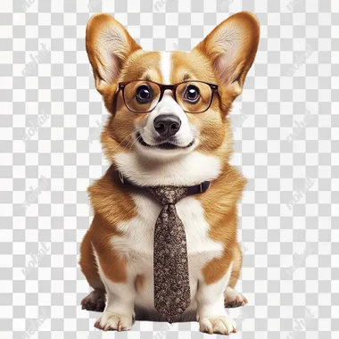 funny corgi, in tie and glasses, full-length, realistic photo on white background