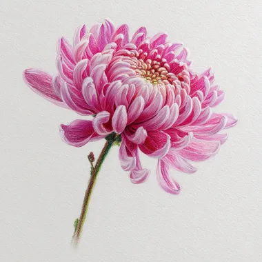 A pink chrysanthemum flower with delicate petals in a detailed pastel pencil drawing style, set against a white background and isolated from the edges of the page, positioned at an angle.
