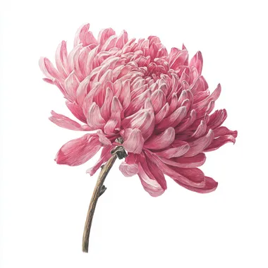 A pink chrysanthemum flower with delicate petals in a detailed pastel pencil drawing style, set against a white background and isolated from the edges of the page, positioned at an angle.