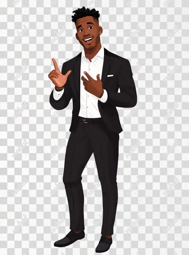excited Black business Awards male attendee, motioning to listen, 3-D cartoon, white background, Disney influence on style