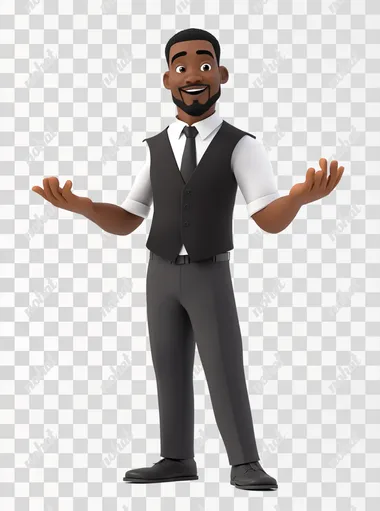 excited Black business Awards male attendee, motioning to listen, 3-D cartoon, white background, Disney influence on style