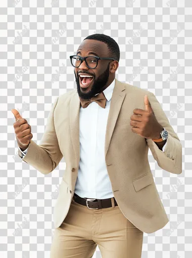 excited Black business Awards male attendee, motioning to listen, 3-D cartoon, white background, Disney influence on style