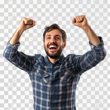 hyper real photo, happy man celebrating success, isolated on a white background. Photorealistic, with studio lighting