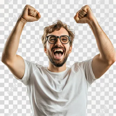 hyper real photo, happy man celebrating success, isolated on a white background. Photorealistic, with studio lighting