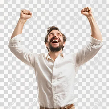 hyper real photo, happy man celebrating success, isolated on a white background. Photorealistic, with studio lighting