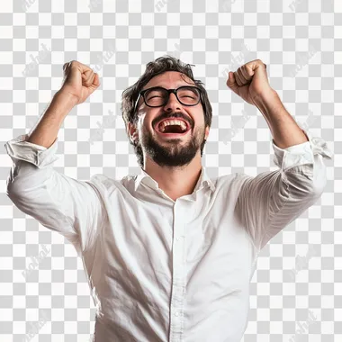 hyper real photo, happy man celebrating success, isolated on a white background. Photorealistic, with studio lighting