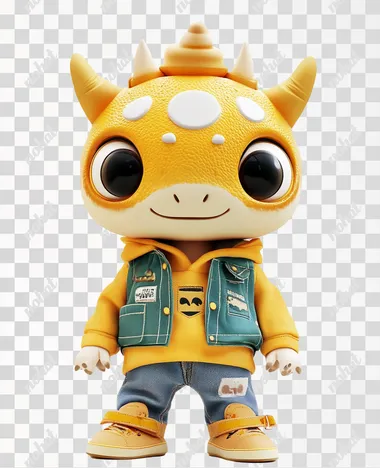 Blind box dolls designed by top designers, IP design, creative image design, the most beautiful color matching, the cutest and most fashionable Triceratops, anthropomorphism, big eyes, big head, clay material, advanced clay material. Blind box toy design, white background, 3D rendering effect, 3D rendering, Blender, Octane renderer, high details, high resolution, front view, full body photo, Pop Mart toy, 2K. Realistic, high-end texture performance. High-end, texture, super perfect,
