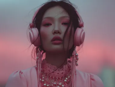 beautiful 20-year-old Korean woman, wearing stylish headphones, vibrant colors, modern setting, soft focus, portrait, 4:3 aspect ratio  --raw  59349611   --sv 4