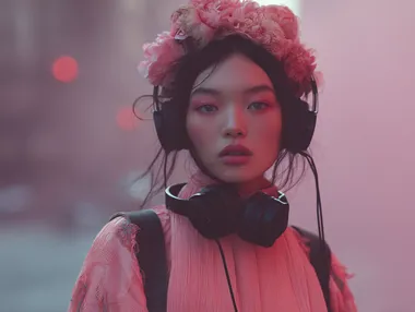 beautiful 20-year-old Korean woman, wearing stylish headphones, vibrant colors, modern setting, soft focus, portrait, 4:3 aspect ratio  --raw  59349611   --sv 4