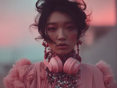 beautiful 20-year-old Korean woman, wearing stylish headphones, vibrant colors, modern setting, soft focus, portrait, 4:3 aspect ratio  --raw  59349611   --sv 4
