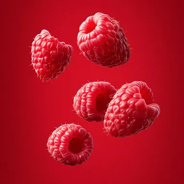 3 raspberry slices flying in the center of the layout, on a red background, hyperrealism