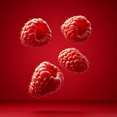 3 raspberry slices flying in the center of the layout, on a red background, hyperrealism