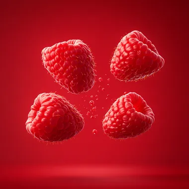 3 raspberry slices flying in the center of the layout, on a red background, hyperrealism