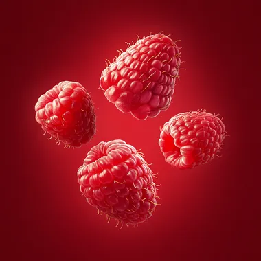 3 raspberry slices flying in the center of the layout, on a red background, hyperrealism