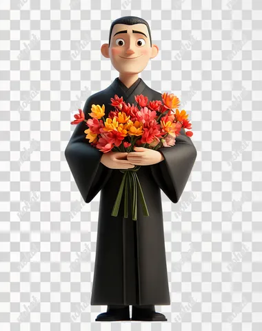 3D cartoon illustration, white background, full-body shot of an Asian male wearing a black graduation gown and holding a colorful bouquet of flowers in his hand, smiling happily at the camera, front view, Blender rendering, in the style of Pixar, in the style of Disney, Pixar animation, soft lighting, solid color background, white space around the character, white background.