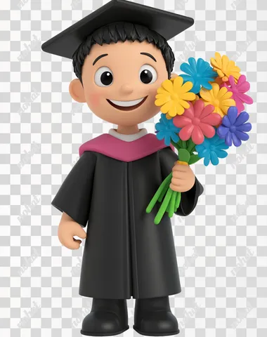 3D cartoon illustration, white background, full-body shot of an Asian male wearing a black graduation gown and holding a colorful bouquet of flowers in his hand, smiling happily at the camera, front view, Blender rendering, in the style of Pixar, in the style of Disney, Pixar animation, soft lighting, solid color background, white space around the character, white background.