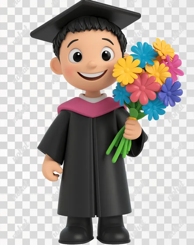 PNG Asian boy in graduation gown holding flowers, 3D Pixar-style illustration