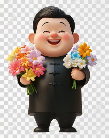 3D cartoon illustration, white background, full-body shot of an Asian male wearing a black graduation gown and holding a colorful bouquet of flowers in his hand, smiling happily at the camera, front view, Blender rendering, in the style of Pixar, in the style of Disney, Pixar animation, soft lighting, solid color background, white space around the character, white background.