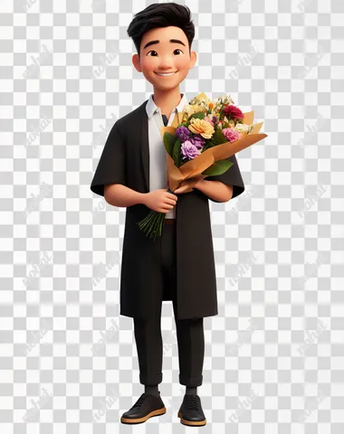 3D cartoon illustration, white background, full-body shot of an Asian male wearing a black graduation gown and holding a colorful bouquet of flowers in his hand, smiling happily at the camera, front view, Blender rendering, in the style of Pixar, in the style of Disney, Pixar animation, soft lighting, solid color background, white space around the character, white background.