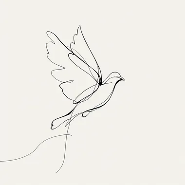 A minimalist one-line drawing portraying a flying dove, with clean continuous line , executed as a minimalist one-line drawing in black ink on a white background, suitable for wall art,in a one-line style , white background, simple