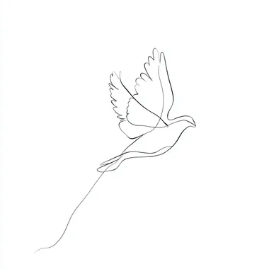 A minimalist one-line drawing portraying a flying dove, with clean continuous line , executed as a minimalist one-line drawing in black ink on a white background, suitable for wall art,in a one-line style , white background, simple